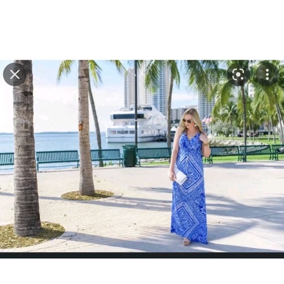 Lilly Pulitzer Blue White Drawstring Waist Miraflora Maxi Dress, XL - Picture 5 of 13